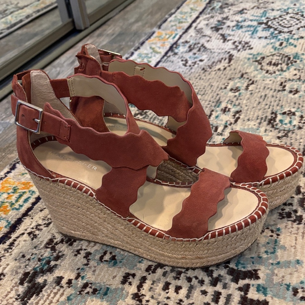 Marc Fisher Rust Scalloped Wedge Sandals